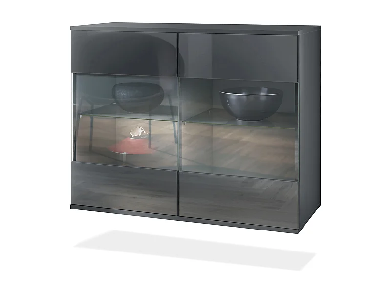 Cassettiera Bari V3, Mobile da cucina moderno con 2 grandi ante in vetro antracite opaco  / grigio lucido (92,5 x 73.5 x 35)