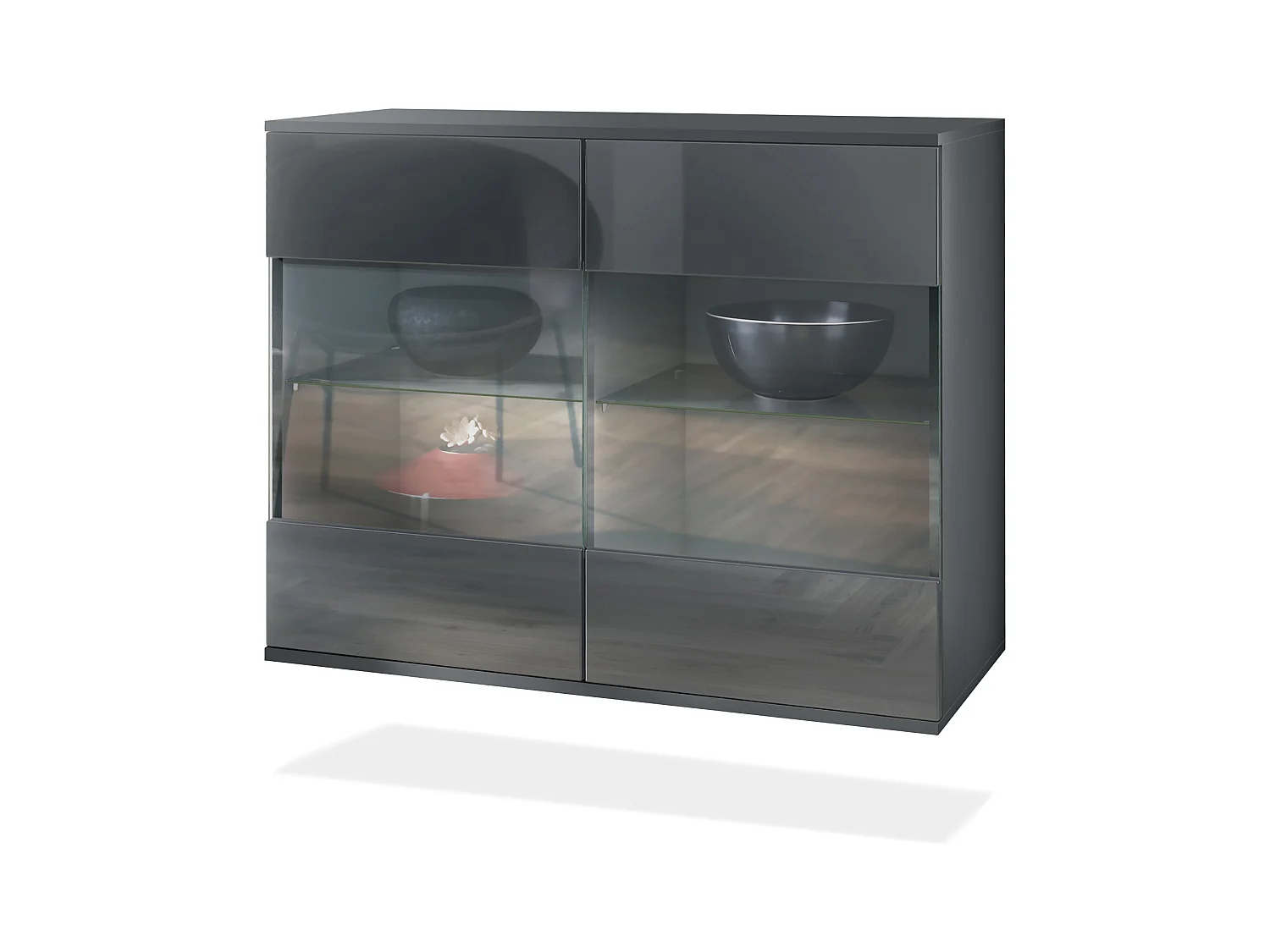 Commode Bari V3, Armoire de cuisine moderne avec 2 grandes portes vitrées anthracite mat / gris haute brillance (92,5 x 73.5 x 35)