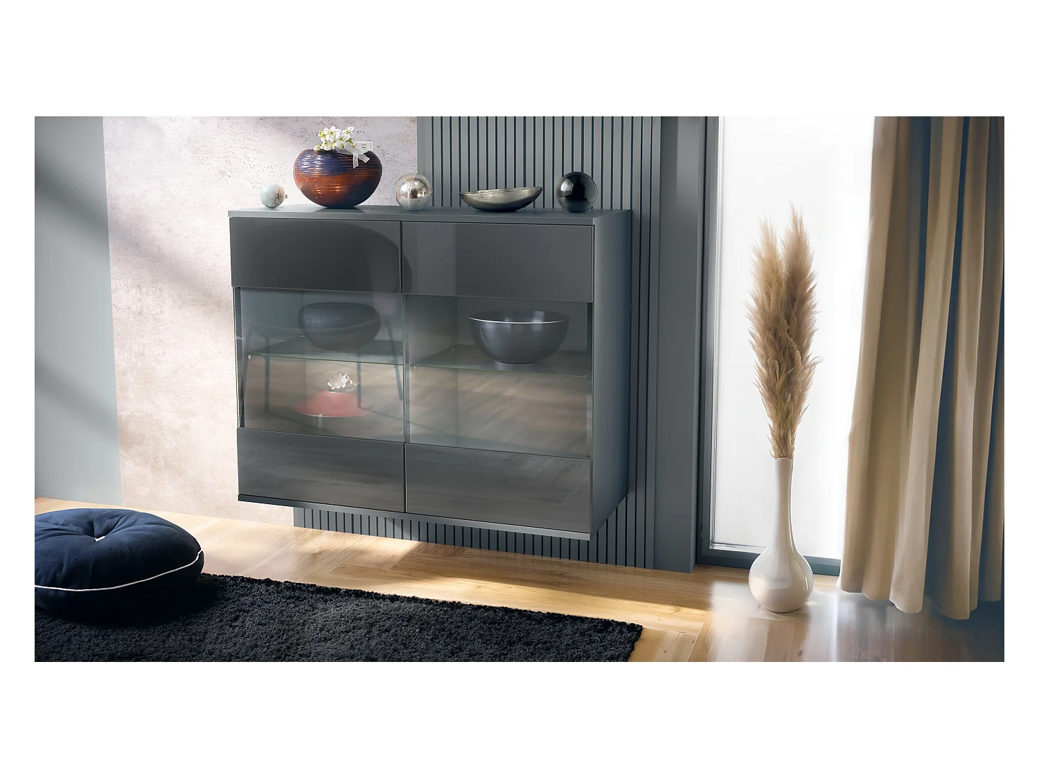 Commode Bari V3, Armoire de cuisine moderne avec 2 grandes portes vitrées anthracite mat / gris haute brillance (92,5 x 73.5 x 35)