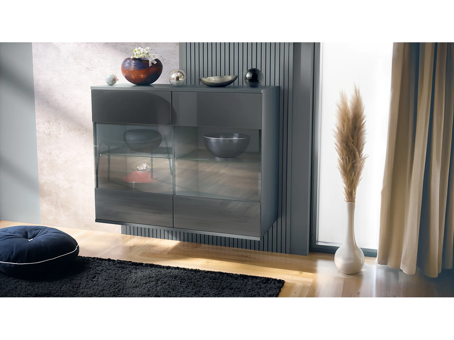 Cómoda Bari V3, Moderno armario de cocina con 2 grandes puertas de cristal antracita mate / gris de alto brillo (92,5 x 73.5 x 35)