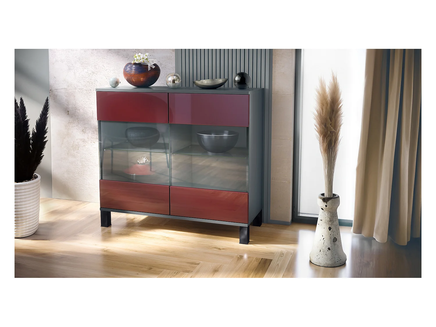 Commode Bari V3, Armoire de cuisine moderne avec 2 grandes portes vitrées anthracite mat / bordeaux haute brillance (92,5 x 84.5 x 35)