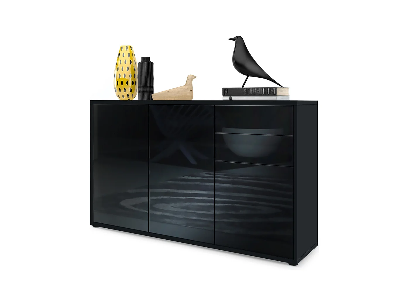 Buffet Ben V3, Commode avec 3 portes et 2 tiroirs, Noir mat/Noir haute brillance (117 x 74 x 36 cm)