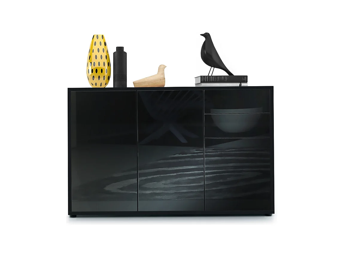 Buffet Ben V3, Commode avec 3 portes et 2 tiroirs, Noir mat/Noir haute brillance (117 x 74 x 36 cm)