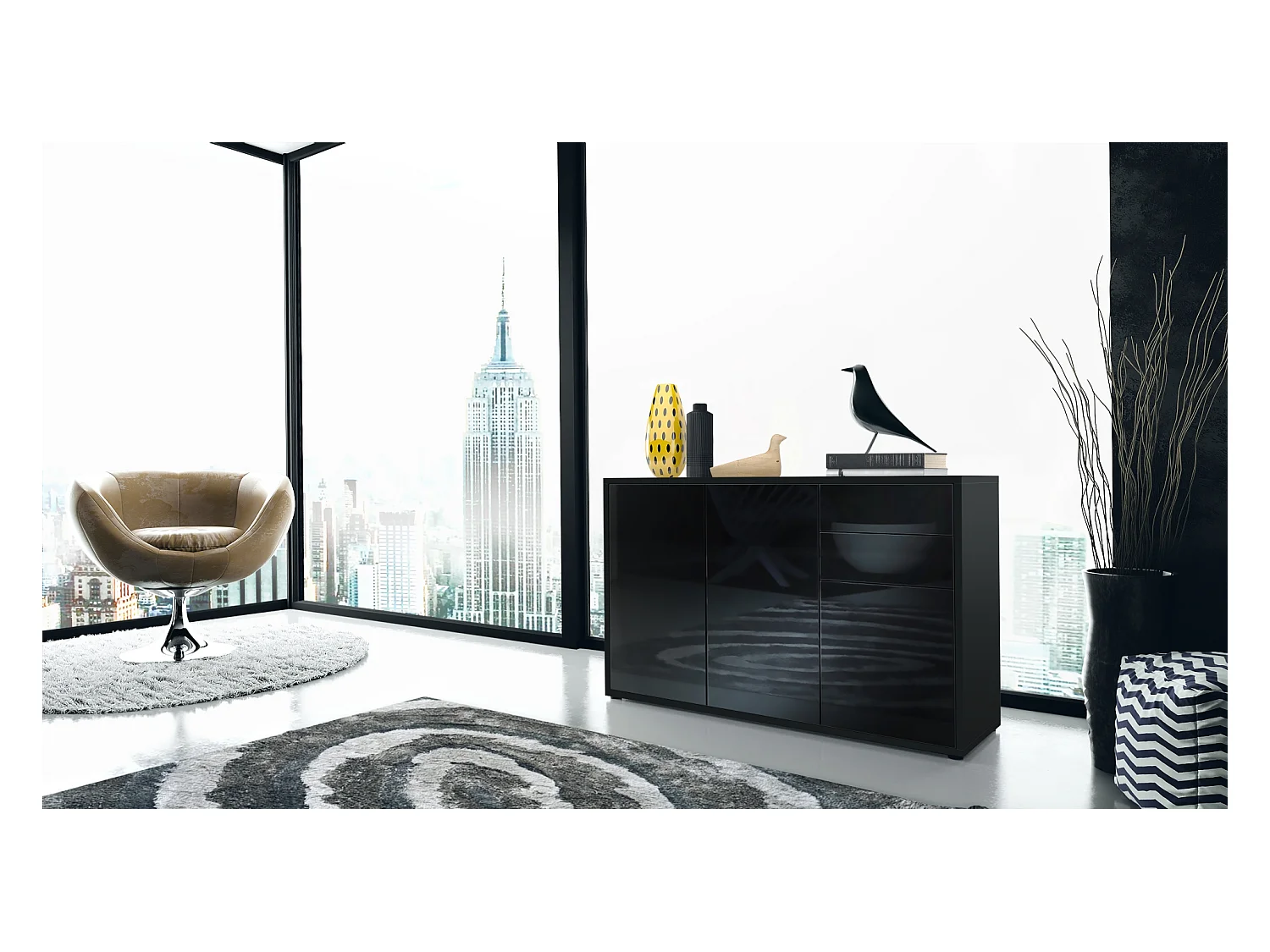 Buffet Ben V3, Commode avec 3 portes et 2 tiroirs, Noir mat/Noir haute brillance (117 x 74 x 36 cm)