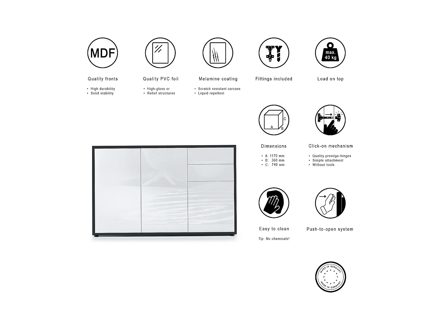 Buffet Ben V3, Commode avec 3 portes et 2 tiroirs, Noir mat/Noir haute brillance (117 x 74 x 36 cm)