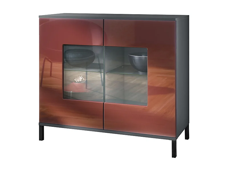 Cassettiera Grömitz V3, Mobile da cucina moderno con 2 grandi ante in vetro antracite opaco  / bordeaux lucido (92,5 x 83.5 x 35)