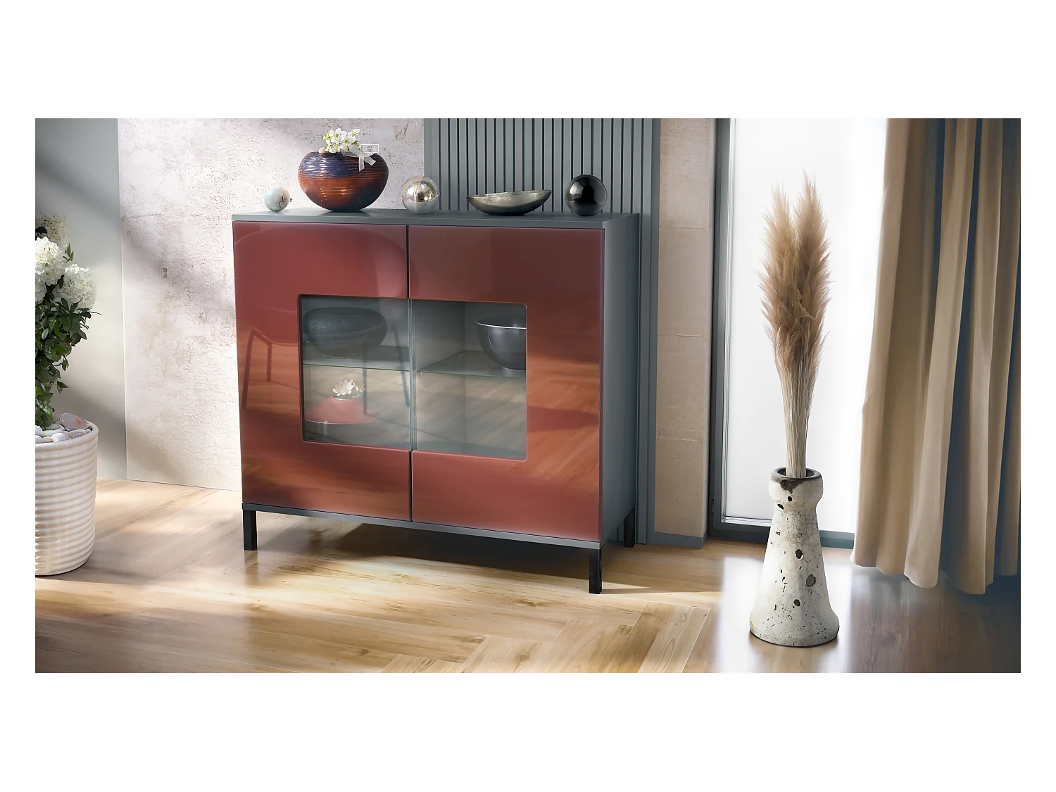 Commode Grömitz V3, Armoire de cuisine moderne avec 2 grandes portes vitrées anthracite mat / bordeaux haute brillance (92,5 x 83.5 x 35)