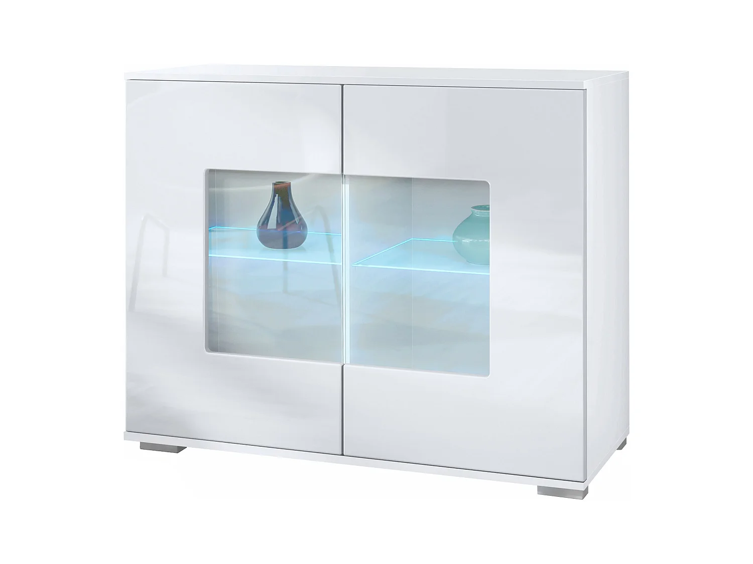 Commode Grömitz V3, Armoire de cuisine moderne avec 2 grandes portes vitrées incl. éclairage RGB blanc mat / blanc haute brillance (92,5 x 75.5 x 35)