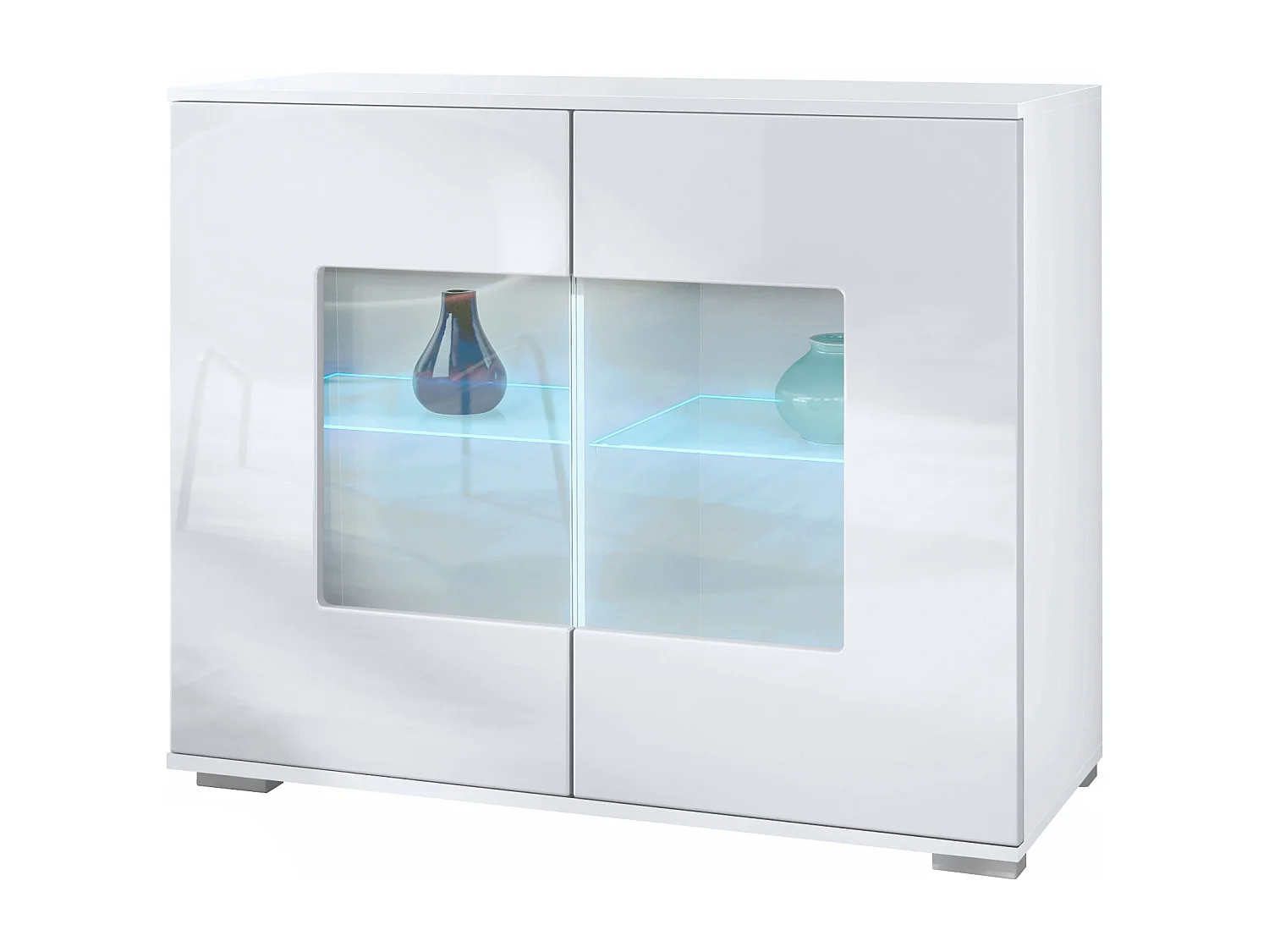 Cassettiera Grömitz V3, Mobile da cucina moderno con 2 grandi ante in vetro incl. illuminazione RGB bianco opaco / bianco lucido (92,5 x 75.5 x 35)