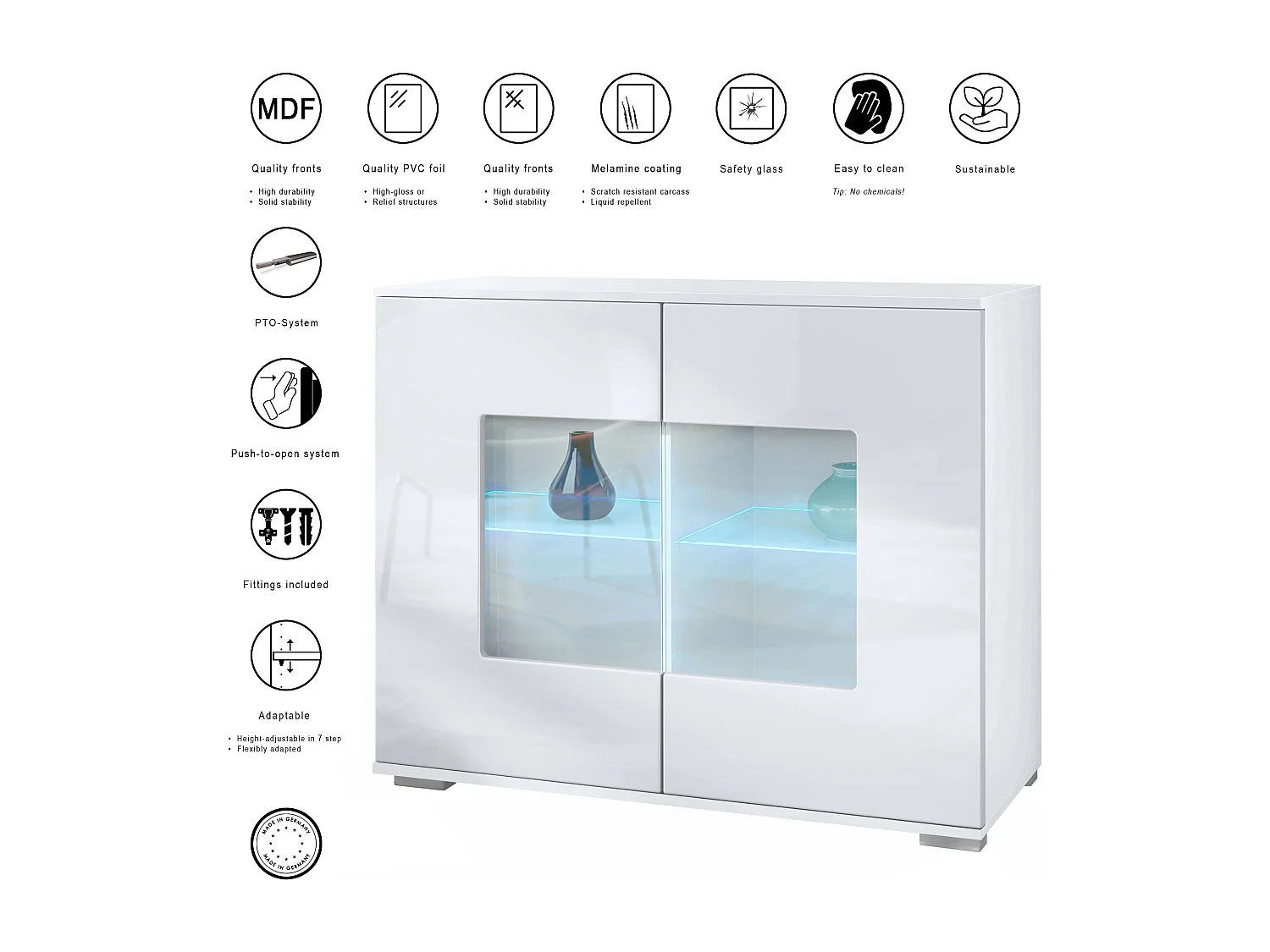 Cassettiera Grömitz V3, Mobile da cucina moderno con 2 grandi ante in vetro incl. illuminazione RGB bianco opaco / bianco lucido (92,5 x 75.5 x 35)