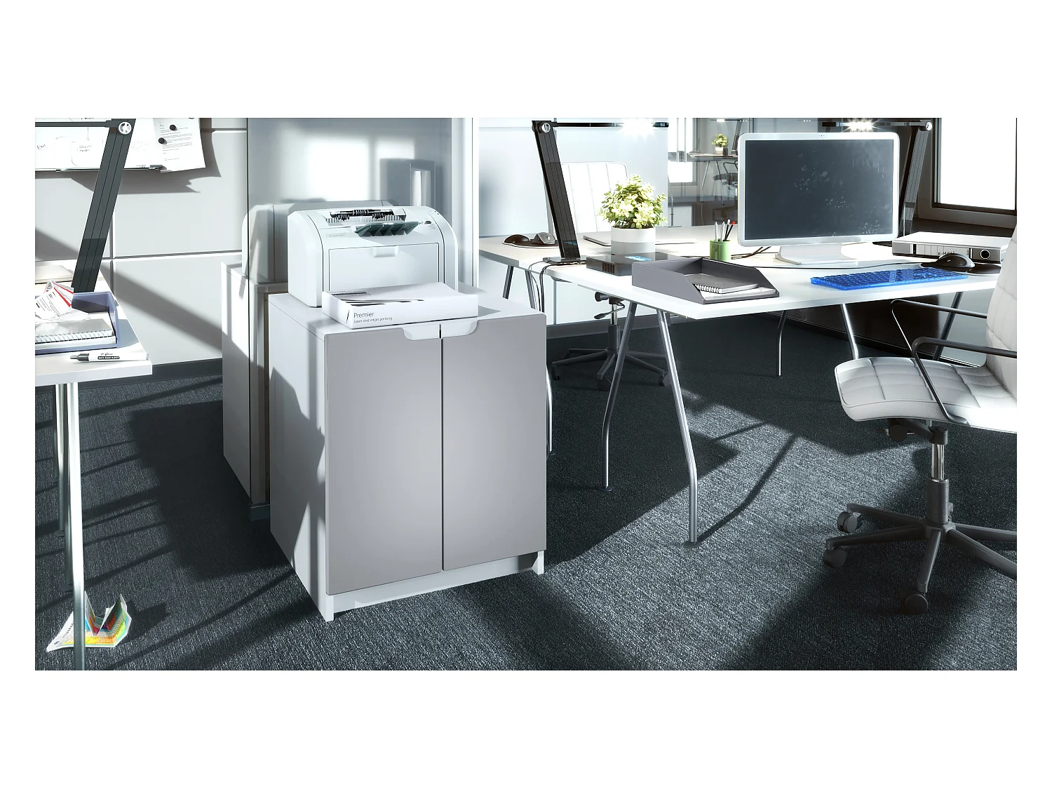 commode d'imprimante Logan, armoire à dossiers avec 2 compartiments et 2 portes, corps blanc mat, façades gris clair satiné mat, (51 x 60,5 x 54 cm)