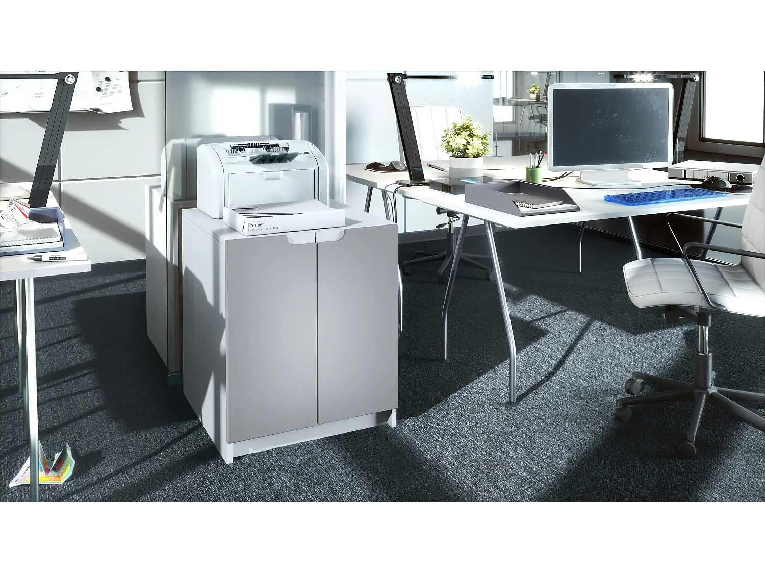 Mobiletto porta stampante Logan, armadietto schedario con 2 scomparti e 2 ante, cassa bianco opaco, frontali grigio chiaro semilucido, (51 x 60,5 x 54 cm)