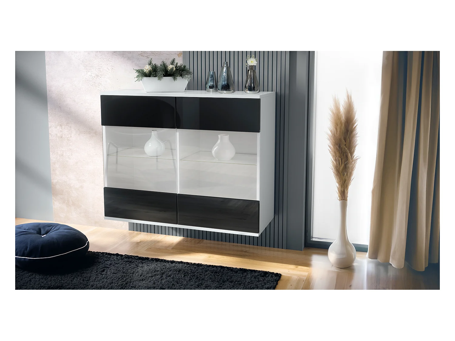 Commode Bari V3, Armoire de cuisine moderne avec 2 grandes portes vitrées blanc mat / noir haute brillance (92,5 x 73.5 x 35)