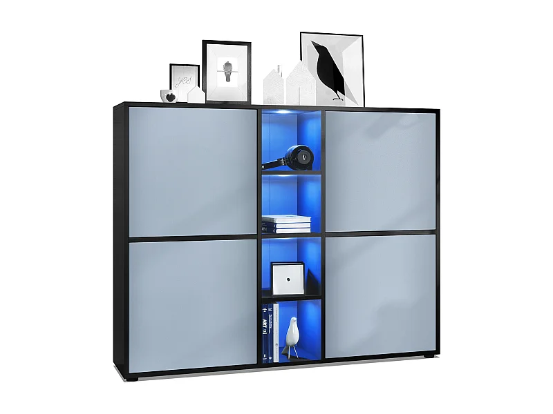 Vladon Credenza Cuba V3, nero opaco/denim opaco incl. LED - Credenza moderna con 12 scomparti (130,5 x 105,5 x 35,5 cm)