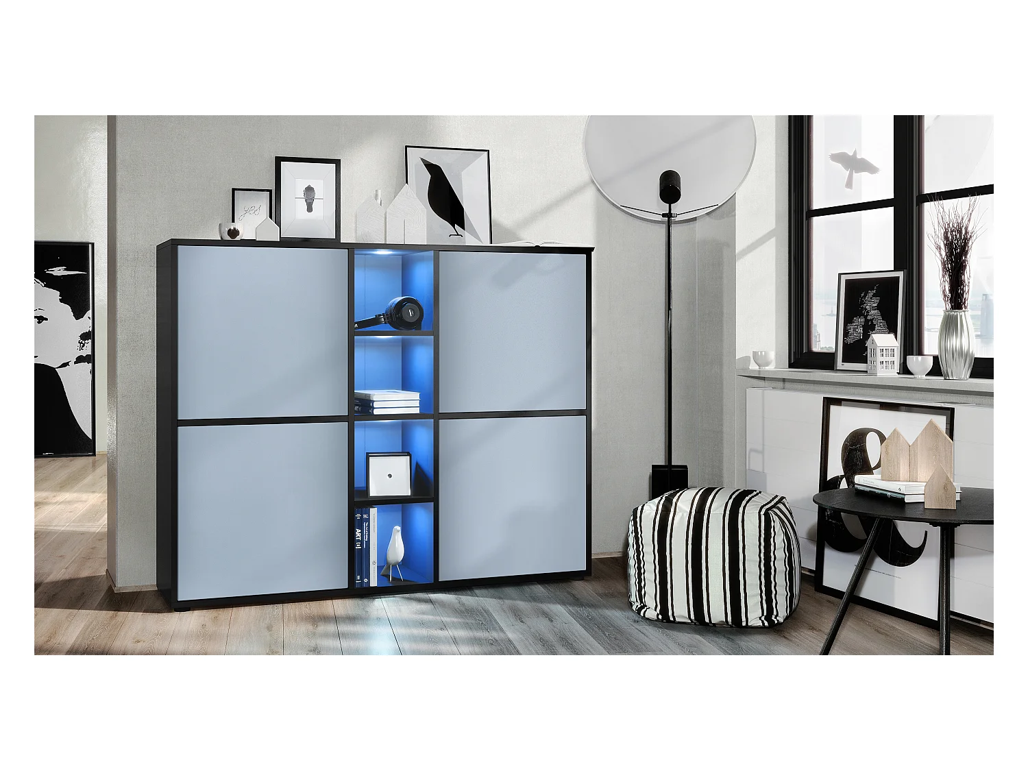 Highboard Cuba V3, noir mat/denim mat y compris LED - Buffet moderne à 12 compartiments (130,5 x 105,5 x 35,5 cm)