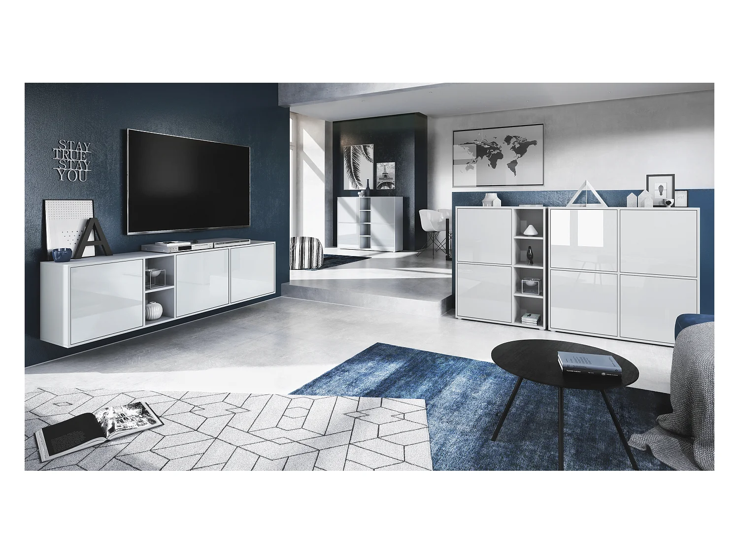 Highboard Cuba V3, noir mat/denim mat y compris LED - Buffet moderne à 12 compartiments (130,5 x 105,5 x 35,5 cm)