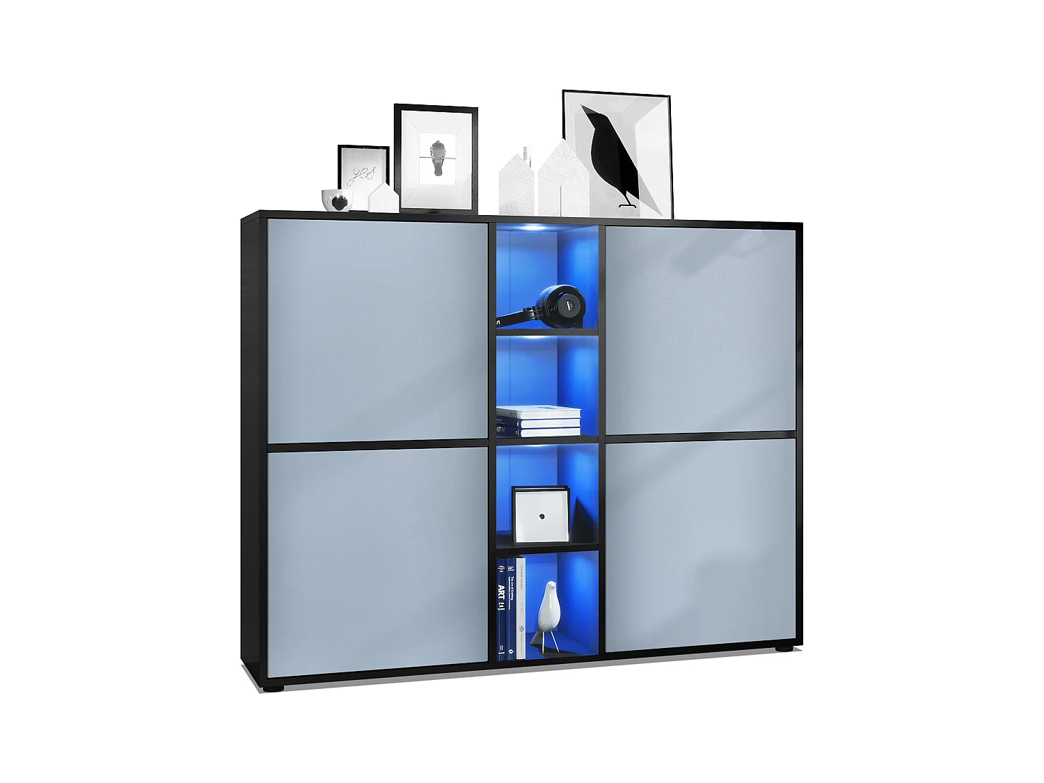 Highboard Cuba V3, noir mat/denim mat y compris LED - Buffet moderne à 12 compartiments (130,5 x 105,5 x 35,5 cm)