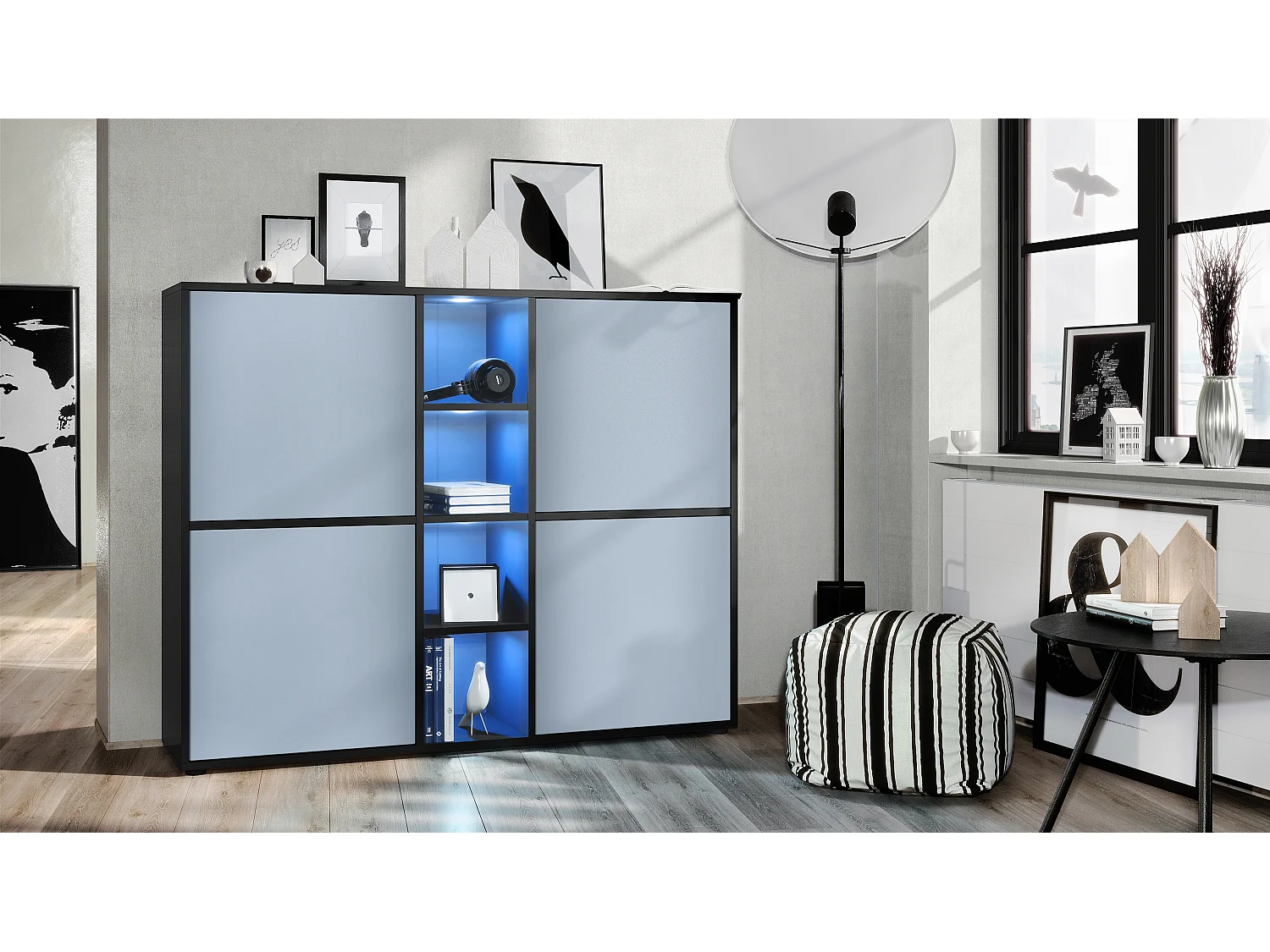 Highboard Cuba V3, noir mat/denim mat y compris LED - Buffet moderne à 12 compartiments (130,5 x 105,5 x 35,5 cm)