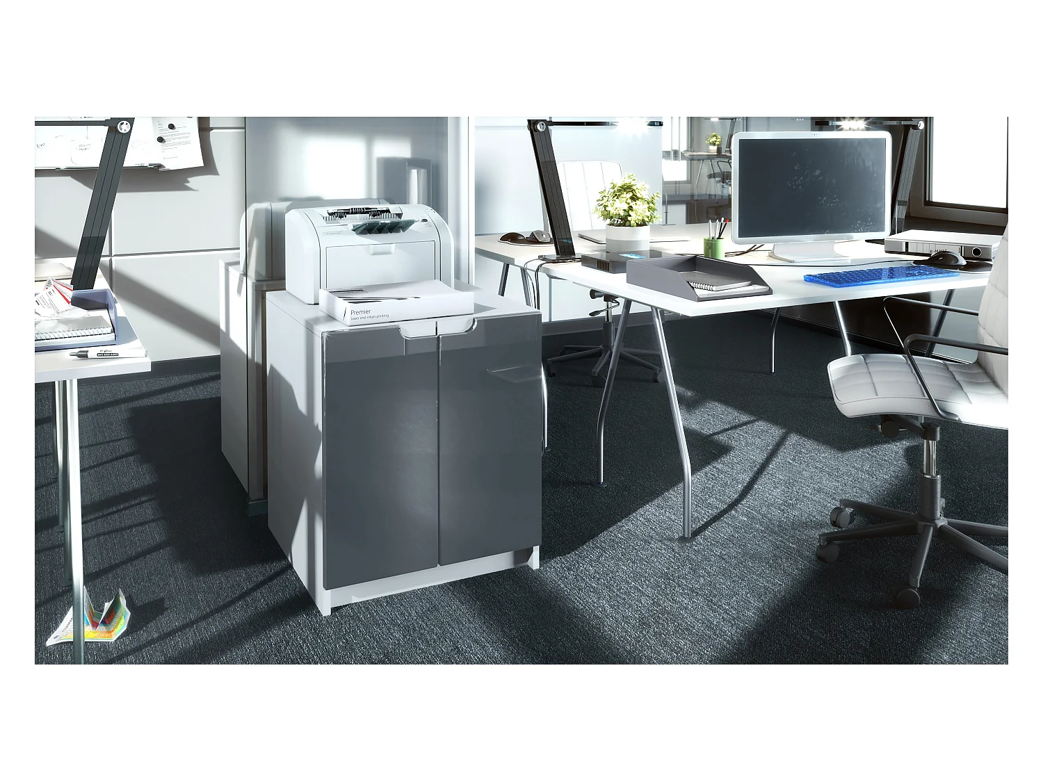 commode d'imprimante Logan, armoire à dossiers avec 2 compartiments et 2 portes, corps noir mat, façades gris haute brillance, (51 x 60,5 x 54 cm)