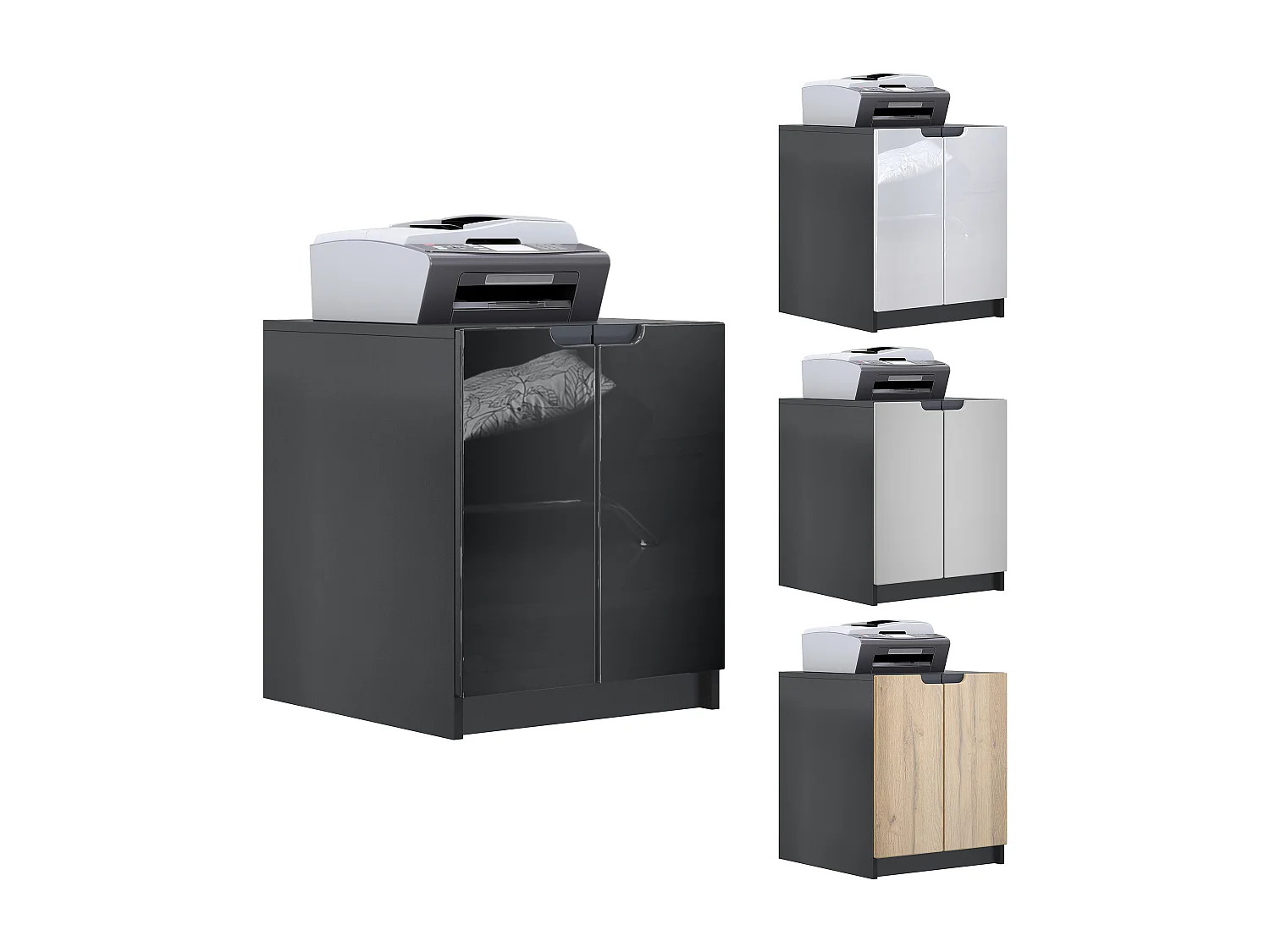 commode d'imprimante Logan, armoire à dossiers avec 2 compartiments et 2 portes, corps noir mat, façades gris haute brillance, (51 x 60,5 x 54 cm)