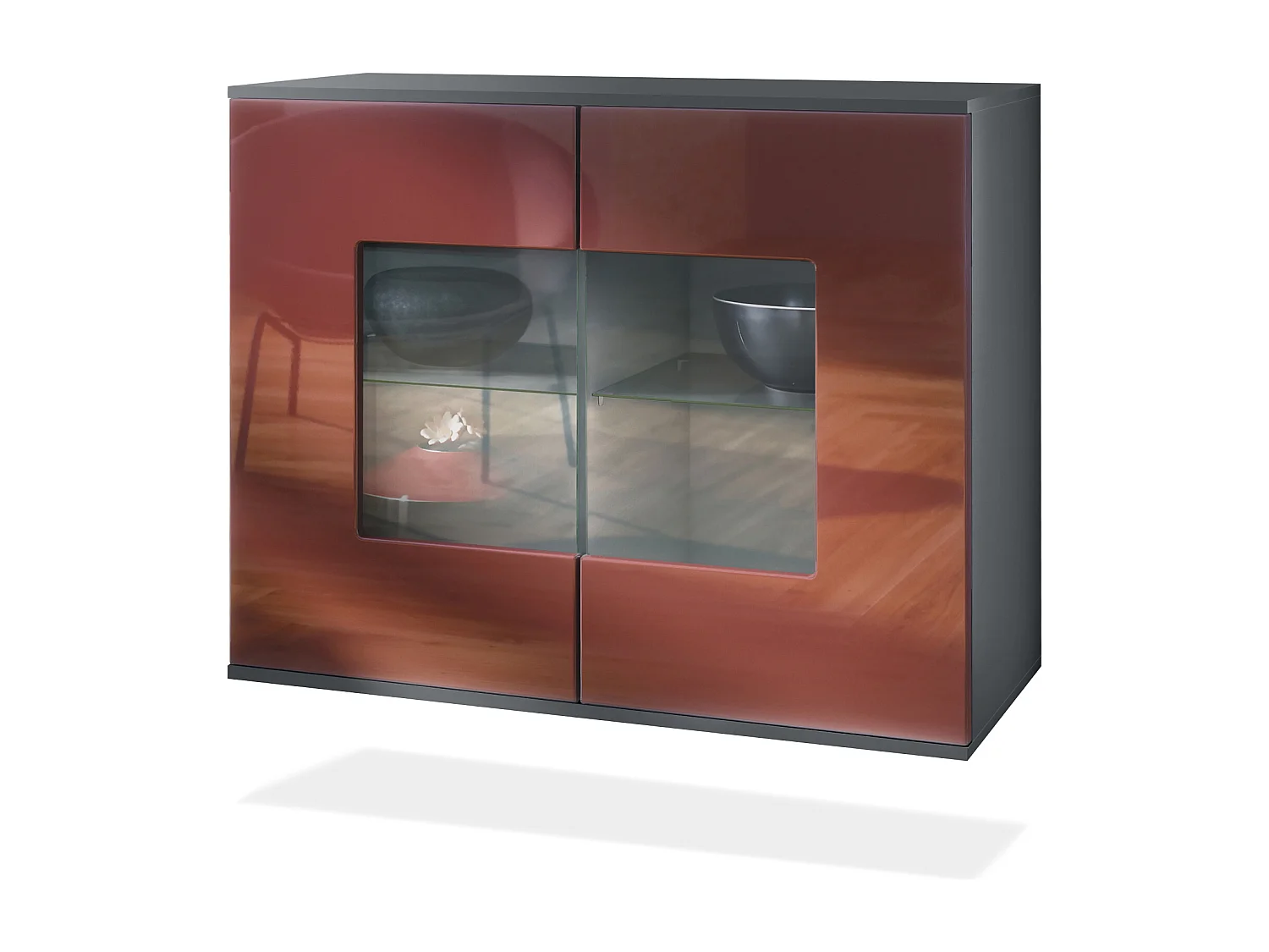 Commode Grömitz V3, Armoire de cuisine moderne avec 2 grandes portes vitrées anthracite mat / bordeaux haute brillance (92,5 x 73.5 x 35)