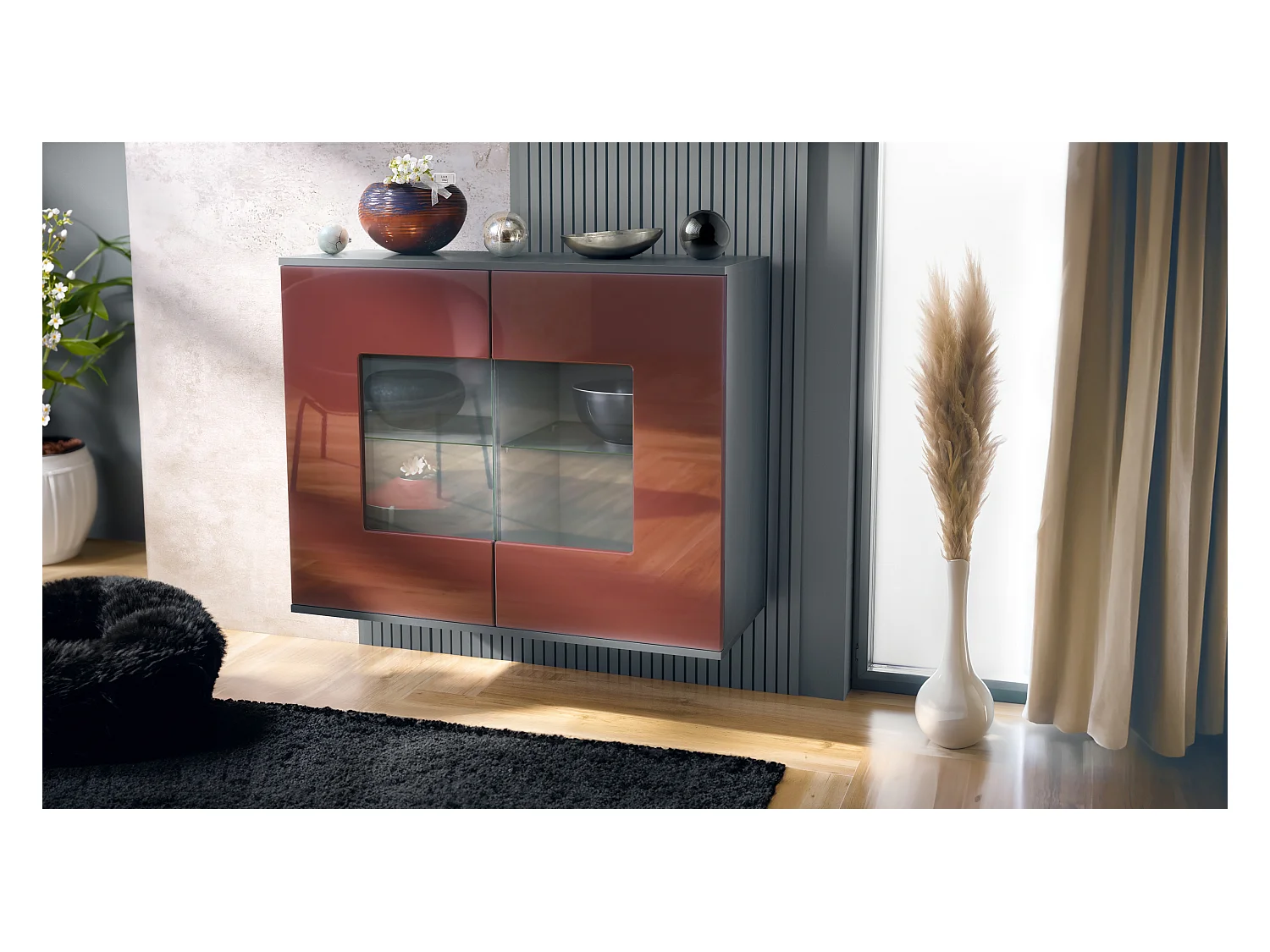 Commode Grömitz V3, Armoire de cuisine moderne avec 2 grandes portes vitrées anthracite mat / bordeaux haute brillance (92,5 x 73.5 x 35)