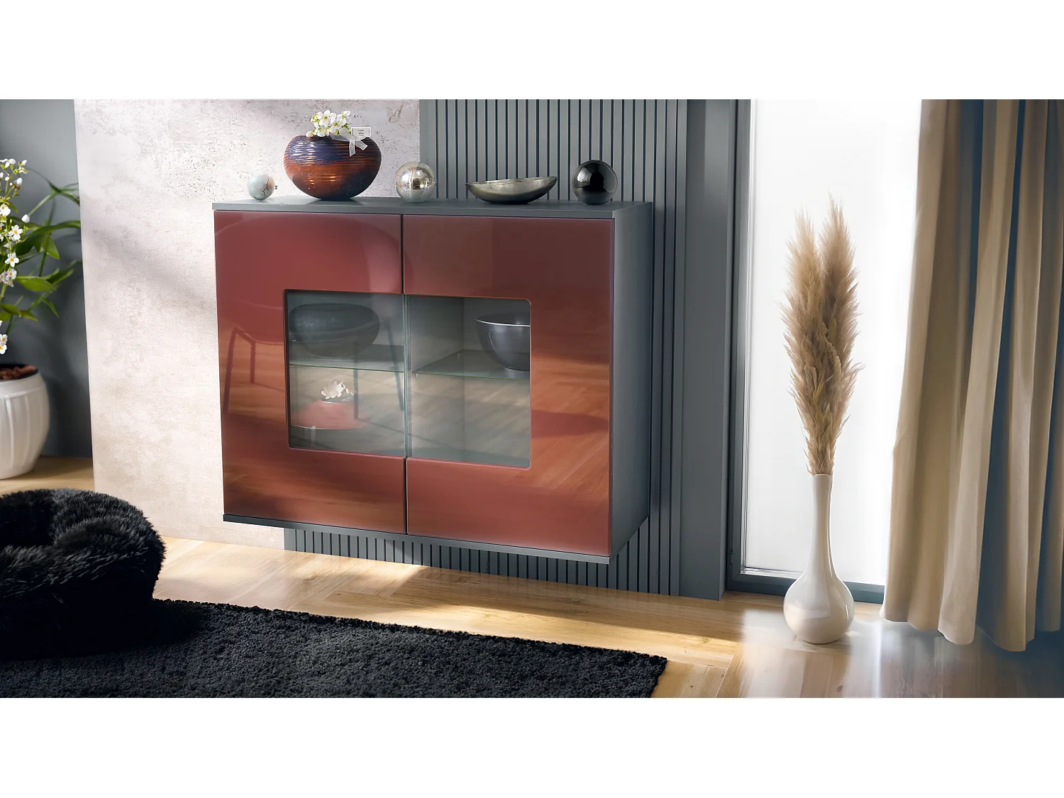 Cómoda Grömitz V3, Moderno armario de cocina con 2 grandes puertas de cristal antracita mate / burdeos de alto brillo (92,5 x 73.5 x 35)