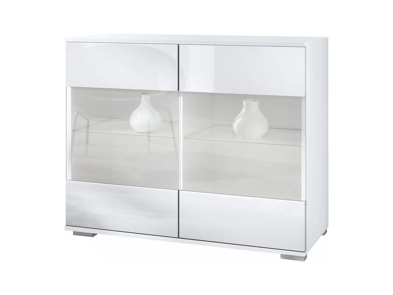 Commode Bari V3, Armoire de cuisine moderne avec 2 grandes portes vitrées blanc mat / blanc haute brillance (92,5 x 75.5 x 35)