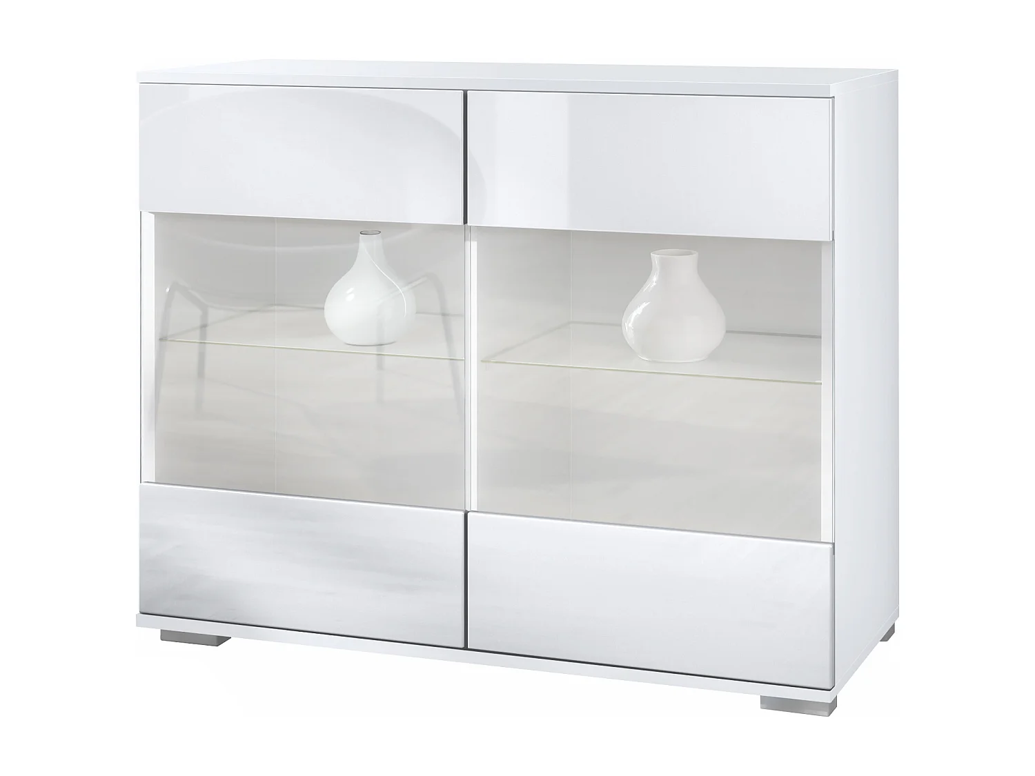 Cassettiera Bari V3, Mobile da cucina moderno con 2 grandi ante in vetro bianco opaco / bianco lucido (92,5 x 75.5 x 35)