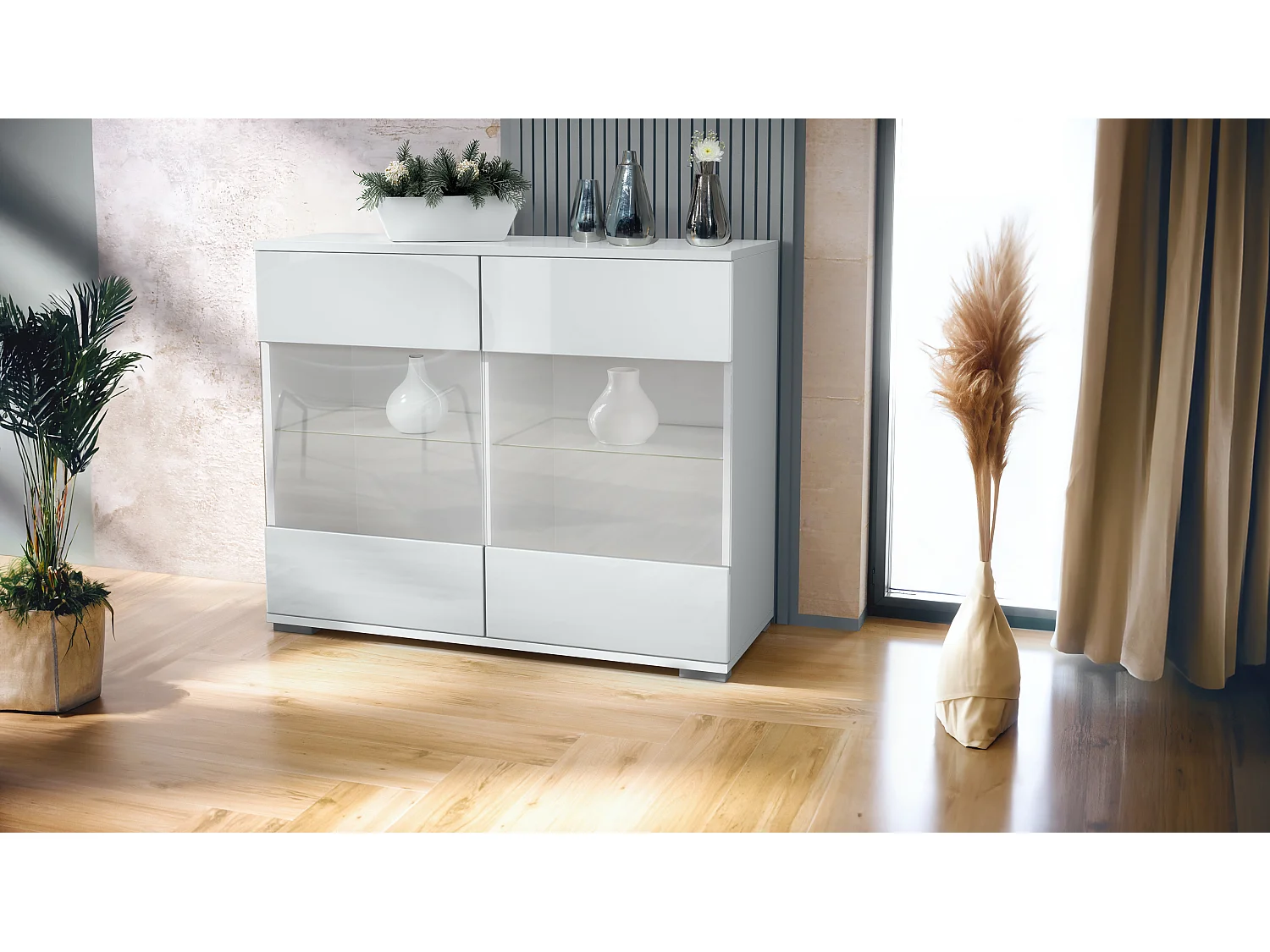 Cassettiera Bari V3, Mobile da cucina moderno con 2 grandi ante in vetro bianco opaco / bianco lucido (92,5 x 75.5 x 35)