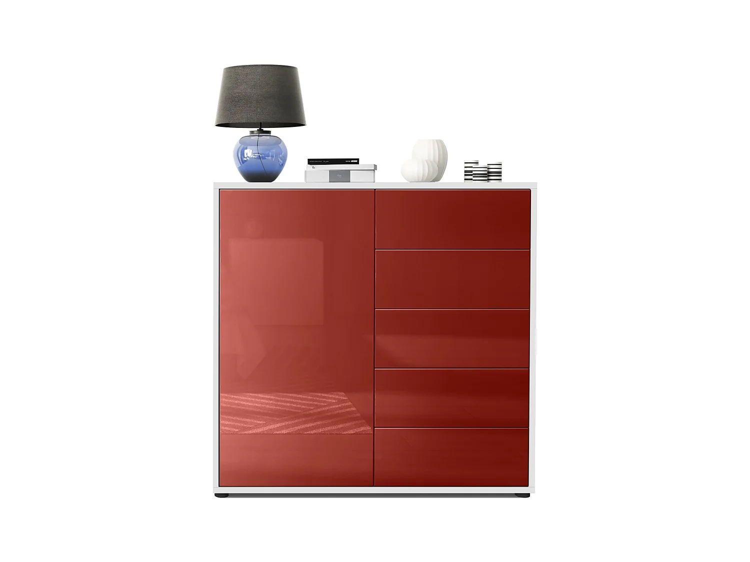Buffet Ben V2, Commode avec 1 portes et 5 tiroirs, Blanc mat/Bordeaux haute brillance (79 x 74 x 36 cm)