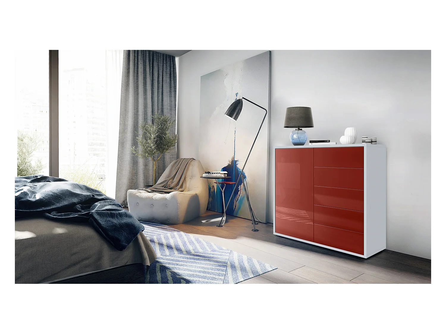 Buffet Ben V2, Commode avec 1 portes et 5 tiroirs, Blanc mat/Bordeaux haute brillance (79 x 74 x 36 cm)