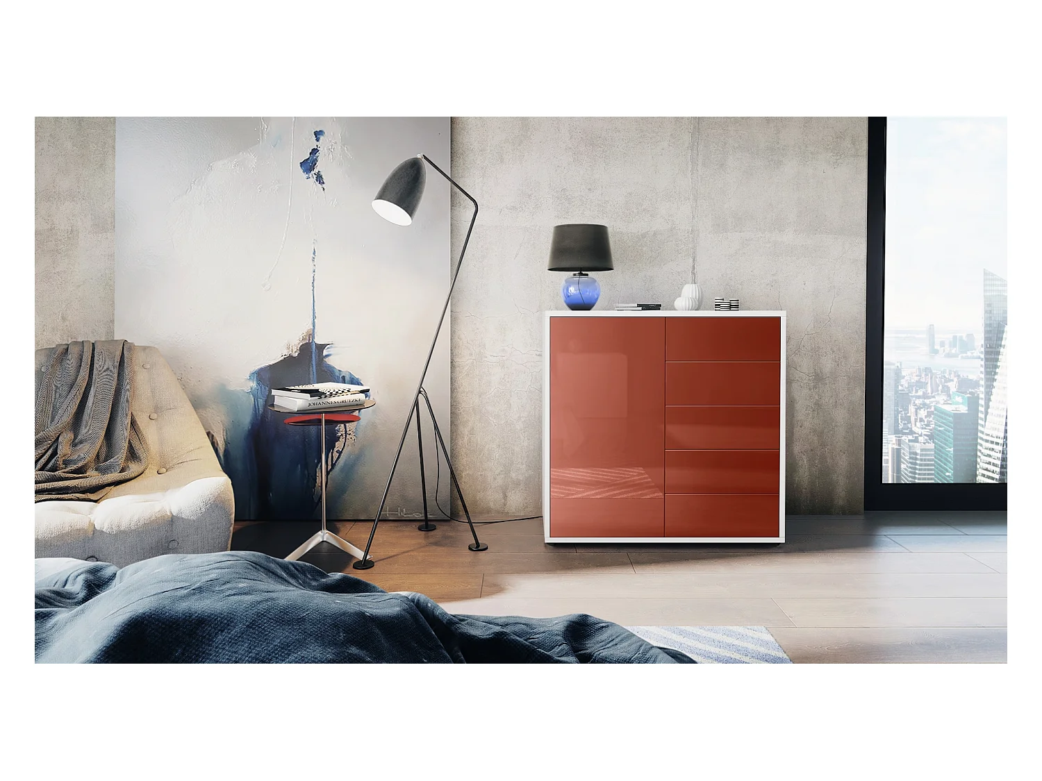 Buffet Ben V2, Commode avec 1 portes et 5 tiroirs, Blanc mat/Bordeaux haute brillance (79 x 74 x 36 cm)