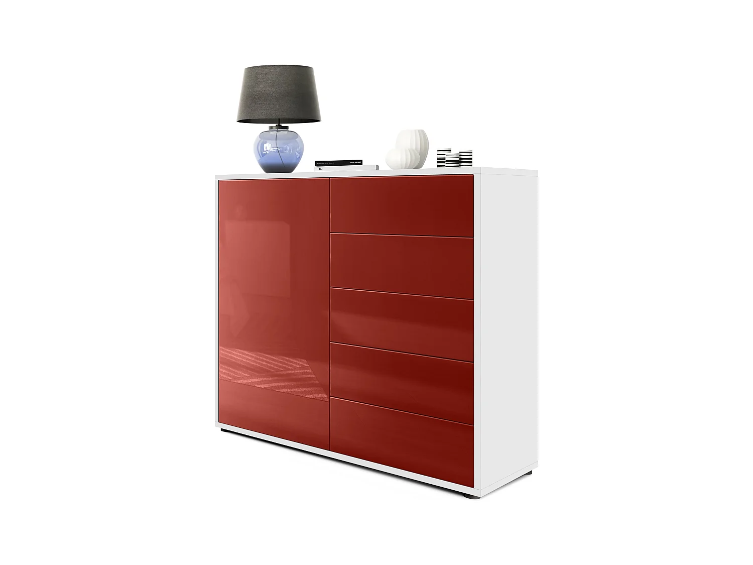 Buffet Ben V2, Commode avec 1 portes et 5 tiroirs, Blanc mat/Bordeaux haute brillance (79 x 74 x 36 cm)