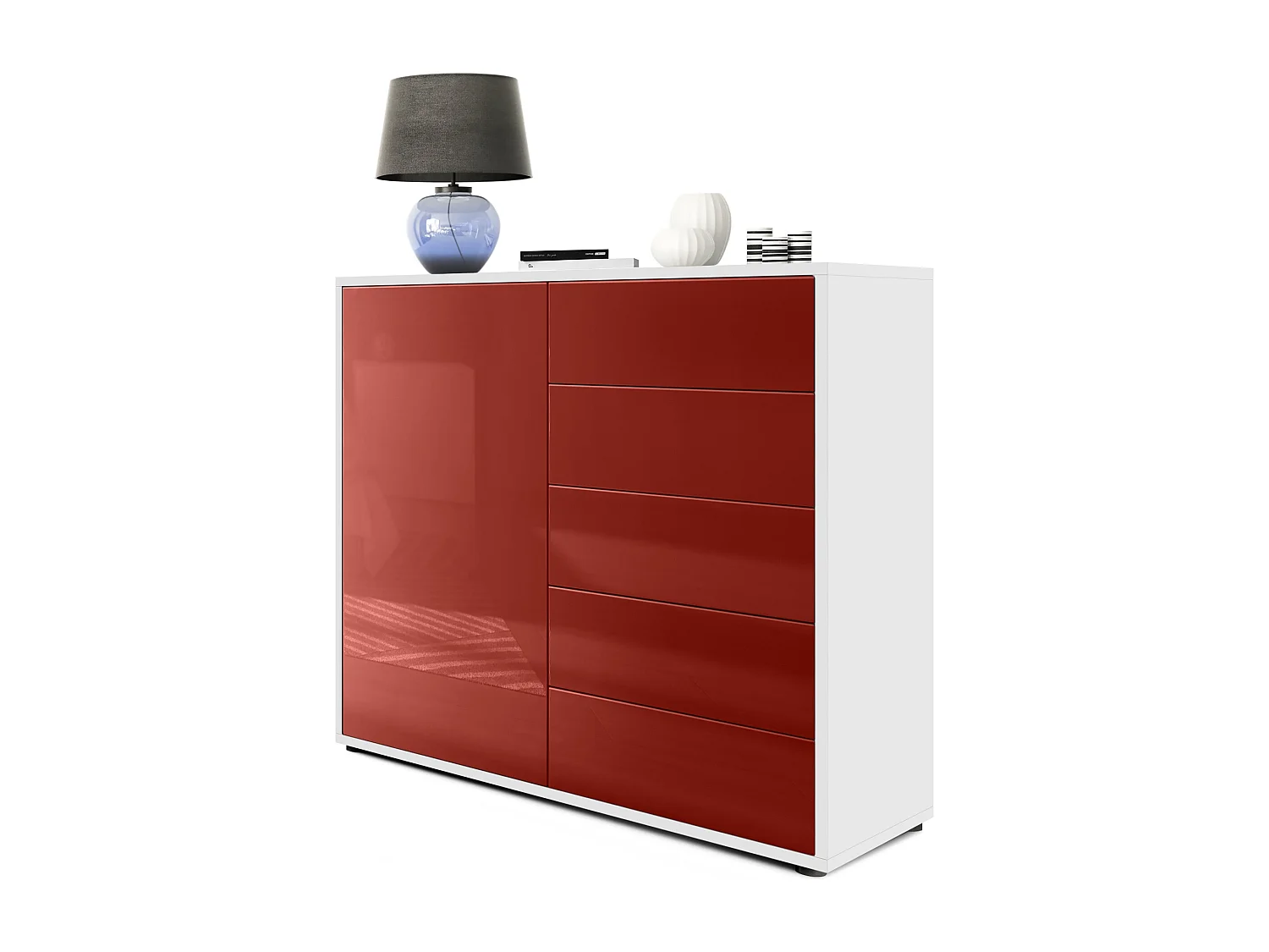 Buffet Ben V2, Commode avec 1 portes et 5 tiroirs, Blanc mat/Bordeaux haute brillance (79 x 74 x 36 cm)