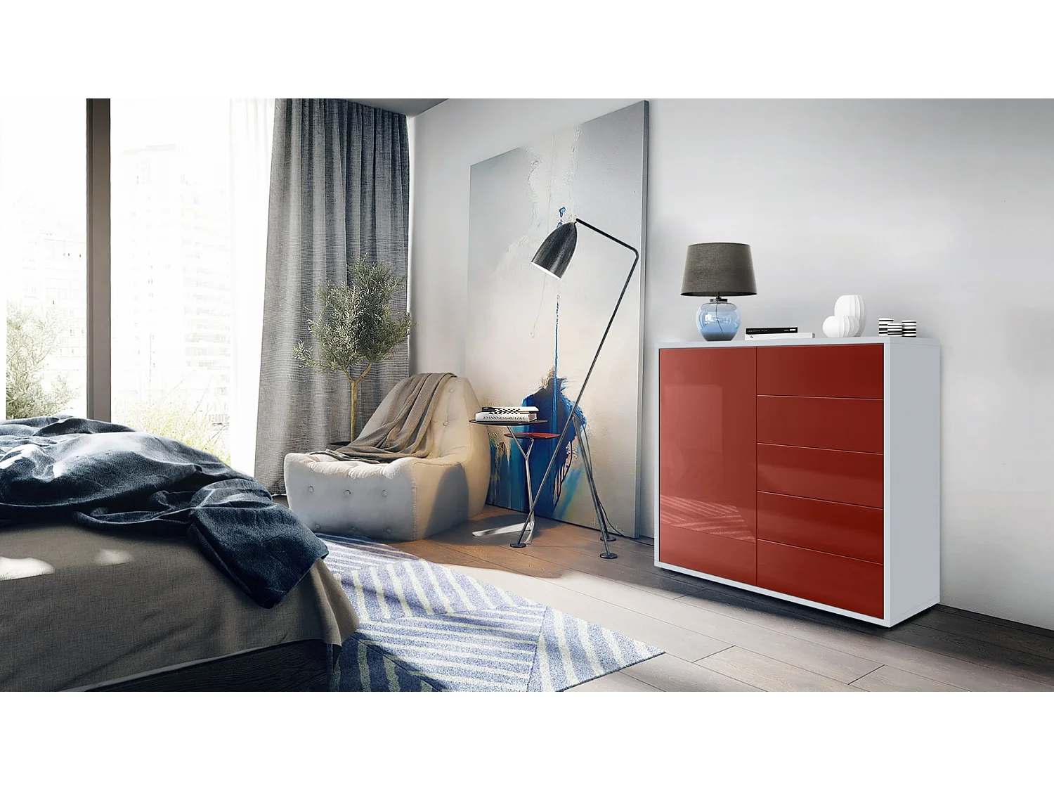 Buffet Ben V2, Commode avec 1 portes et 5 tiroirs, Blanc mat/Bordeaux haute brillance (79 x 74 x 36 cm)