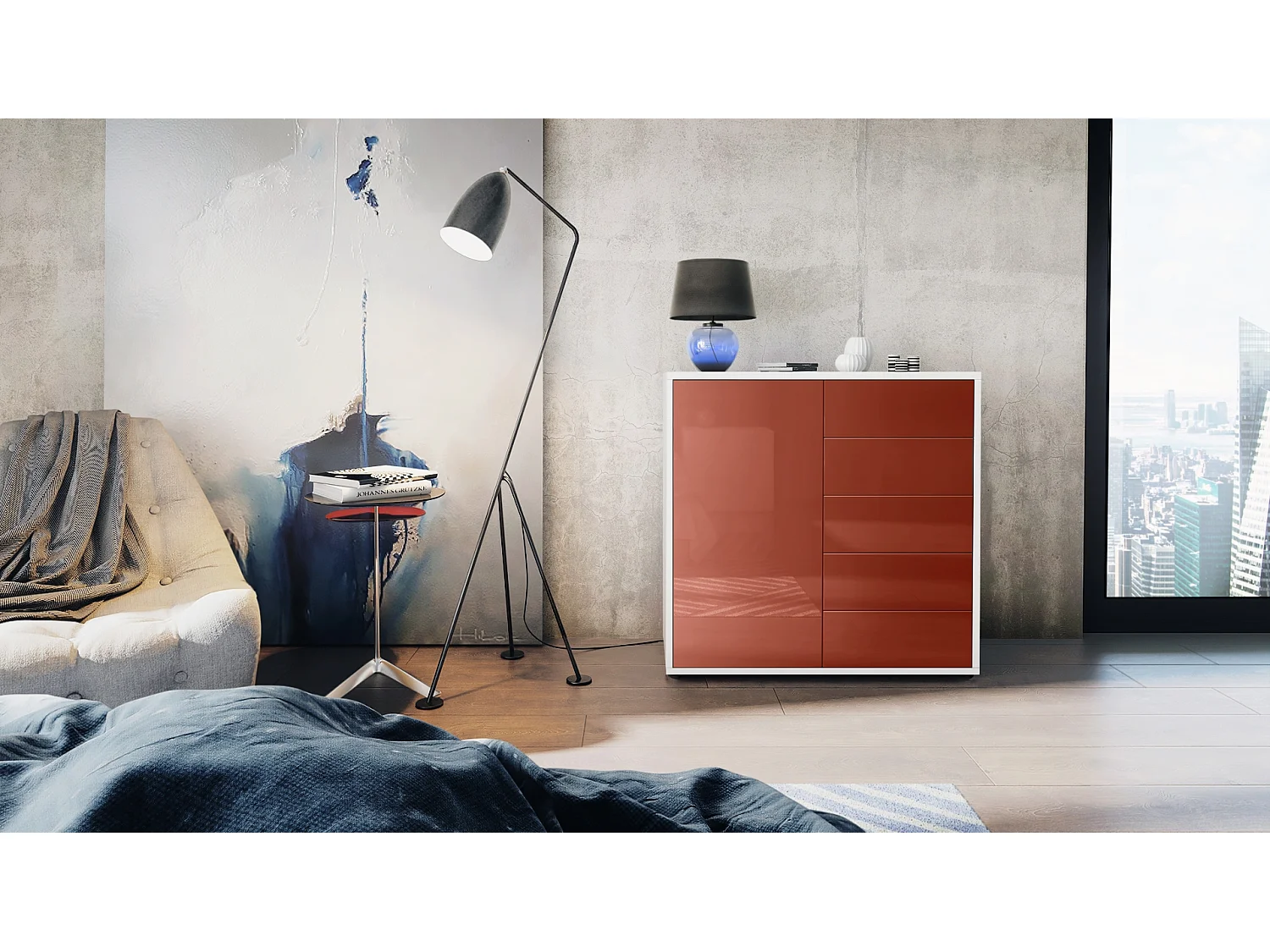 Buffet Ben V2, Commode avec 1 portes et 5 tiroirs, Blanc mat/Bordeaux haute brillance (79 x 74 x 36 cm)