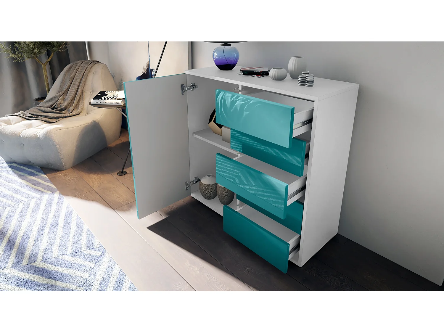 Buffet Ben V2, Commode avec 1 portes et 5 tiroirs, Blanc mat/Bordeaux haute brillance (79 x 74 x 36 cm)