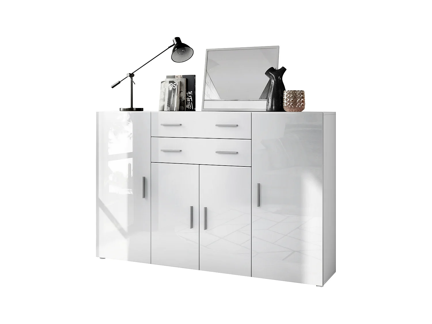 Le Buffet Haut Aron bahut avec 2 tiroirs et 4 portes avec un total de 8 compartiments derrière, blanc mat/blanc haute brillance (166,5 x 106,5 x 35 cm)