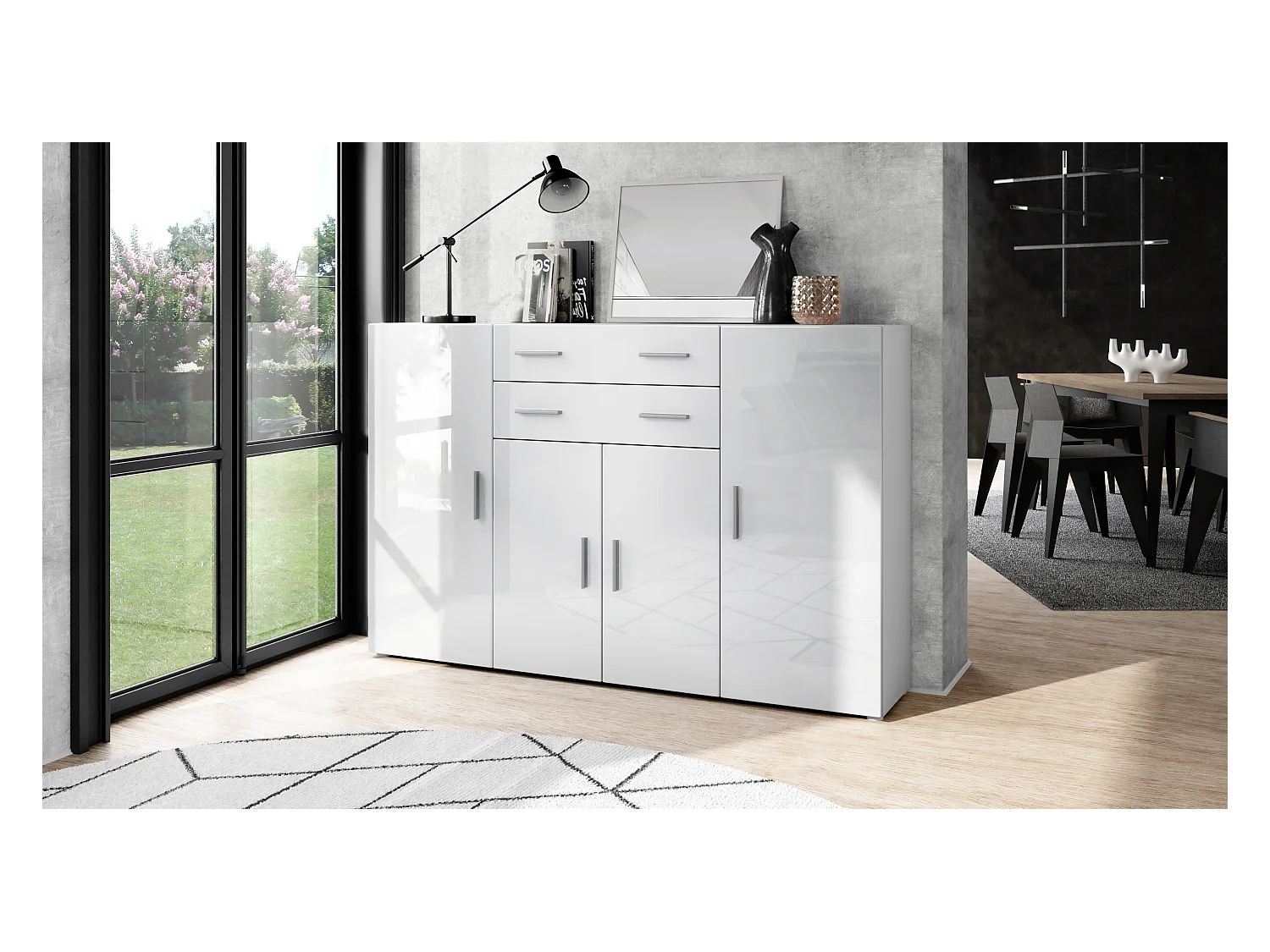 Le Buffet Haut Aron bahut avec 2 tiroirs et 4 portes avec un total de 8 compartiments derrière, blanc mat/blanc haute brillance (166,5 x 106,5 x 35 cm)