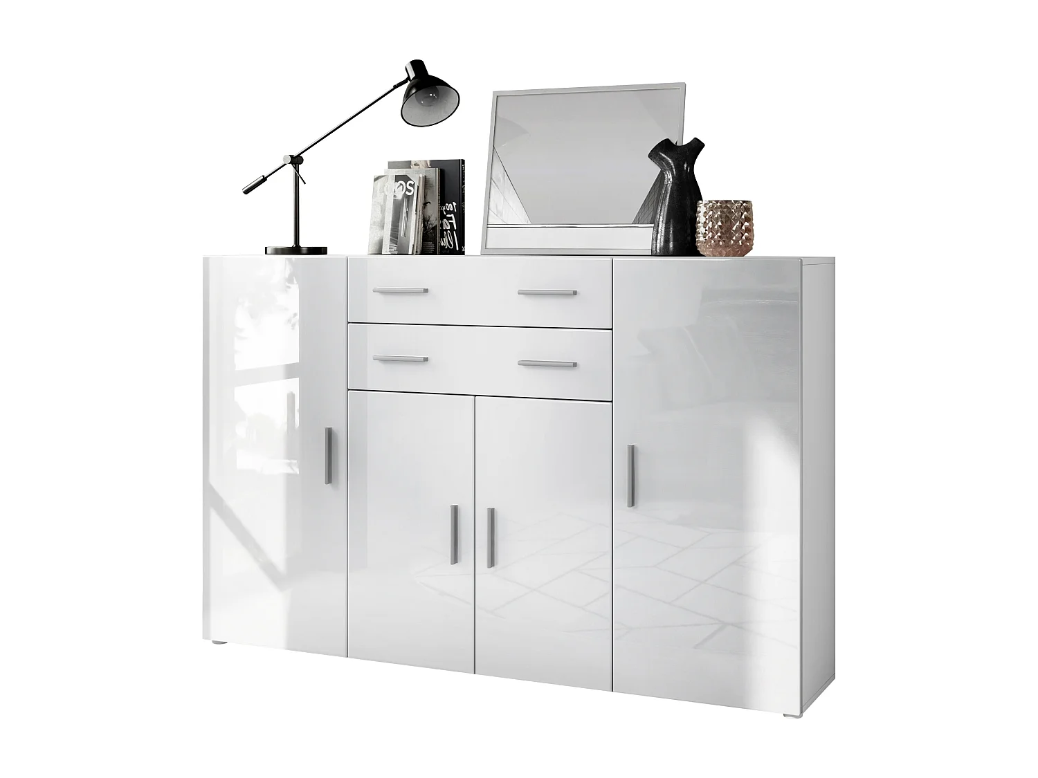Highboard Aron Sideboard with 2 drawers and 4 doors with a total of 8 compartments behind, bianco opaco/bianco lucido (166.5 x 106.5 x 35 cm)