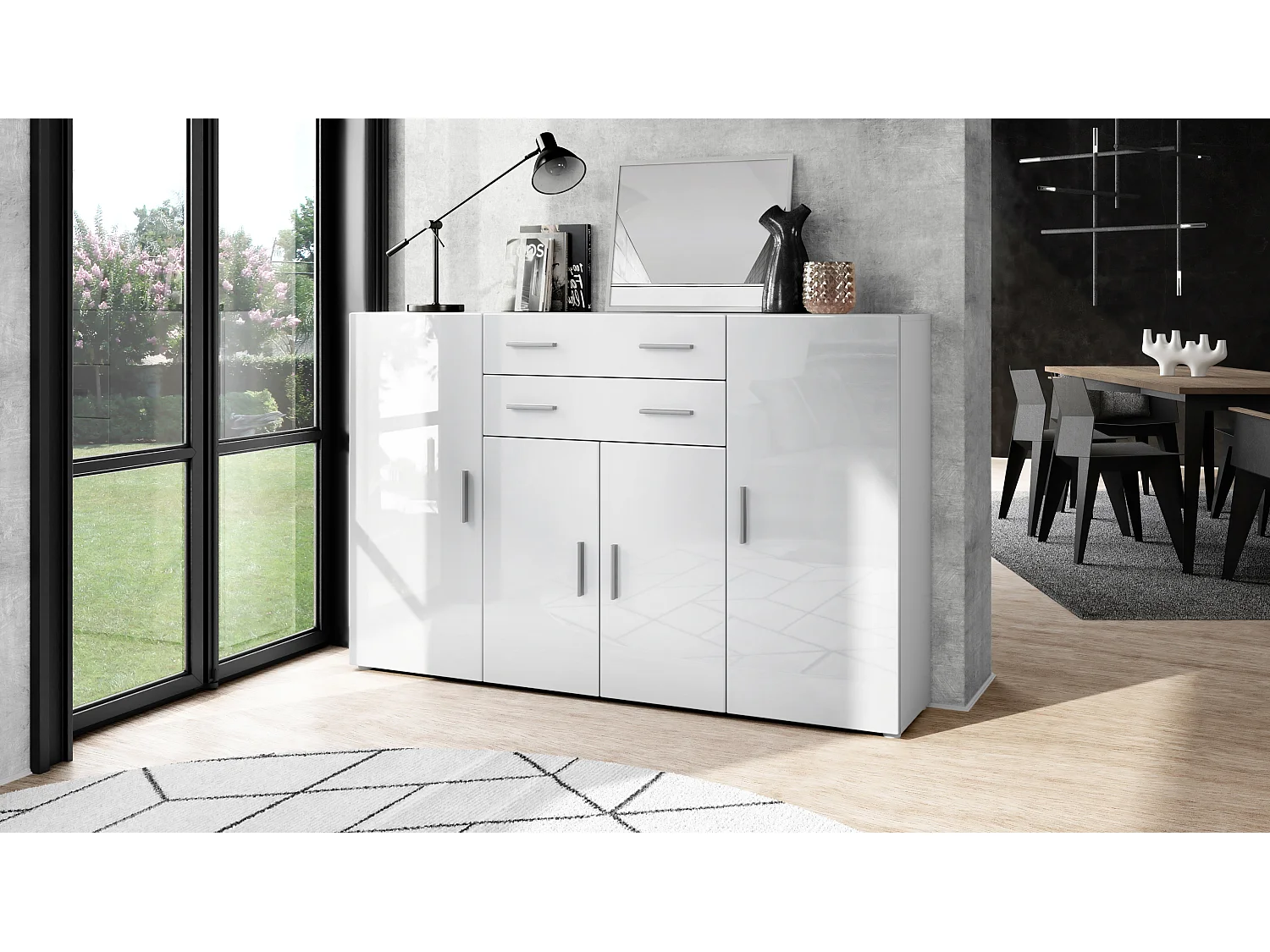 Highboard Aron Sideboard with 2 drawers and 4 doors with a total of 8 compartments behind, bianco opaco/bianco lucido (166.5 x 106.5 x 35 cm)