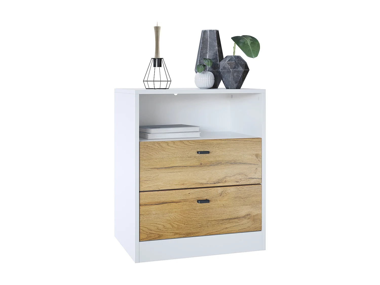 Buffet Pino V1, table de chevet avec 2 tiroirs & 1 compartiment ouvert,blanche mat/Chêne Nature sans LED (56 x 67,5 x 36 cm)