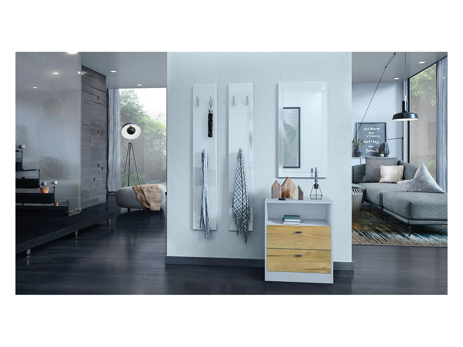 Buffet Pino V1, table de chevet avec 2 tiroirs & 1 compartiment ouvert,blanche mat/Chêne Nature sans LED (56 x 67,5 x 36 cm)