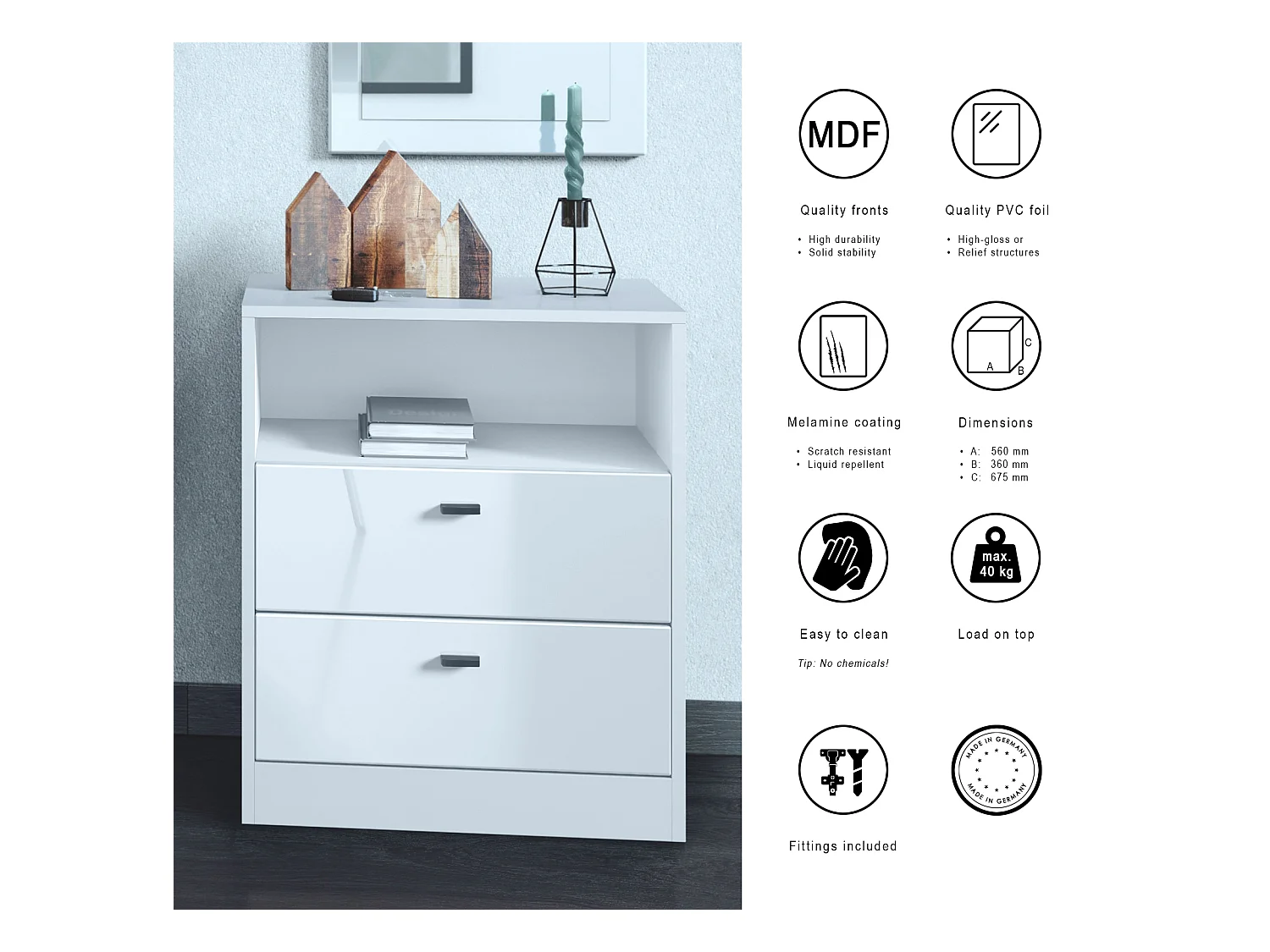 Buffet Pino V1, table de chevet avec 2 tiroirs & 1 compartiment ouvert,blanche mat/Chêne Nature sans LED (56 x 67,5 x 36 cm)