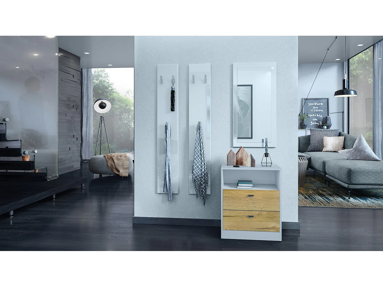 Cassettiera Pino V1, Comodino con 2 cassetti e 1 vano a giorno, bianco opaco/quercia naturale senza LED (56 x 67,5 x 36 cm)