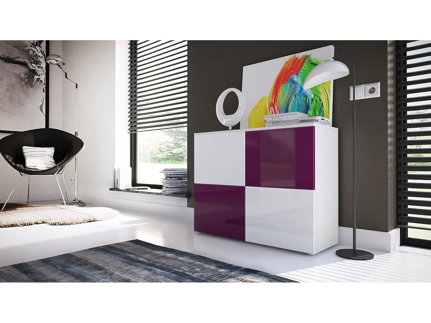KOMMODE Rova Weiß Hochglanz / Brombeer Hochglanz