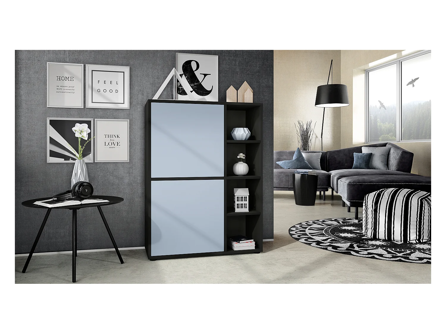 Buffet haut Cuba avec 8 compartiments, caisson en noir mat / Façades en Denim mat