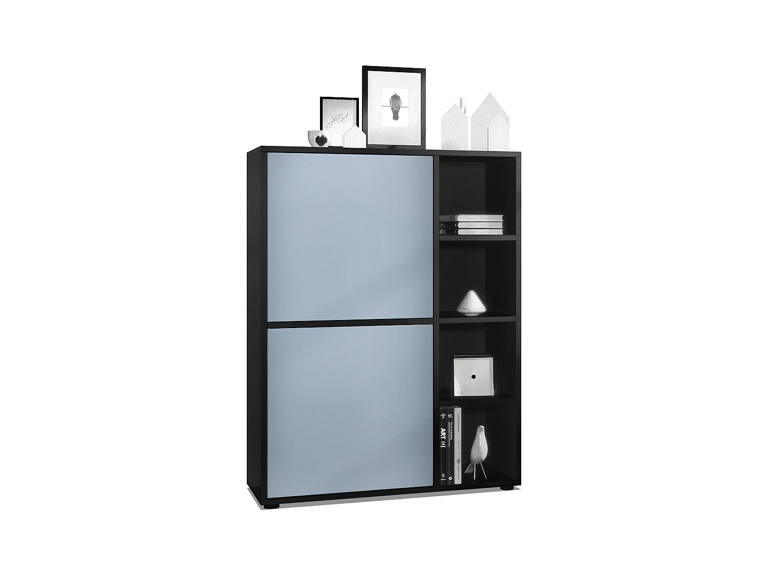 Buffet haut Cuba avec 8 compartiments, caisson en noir mat / Façades en Denim mat