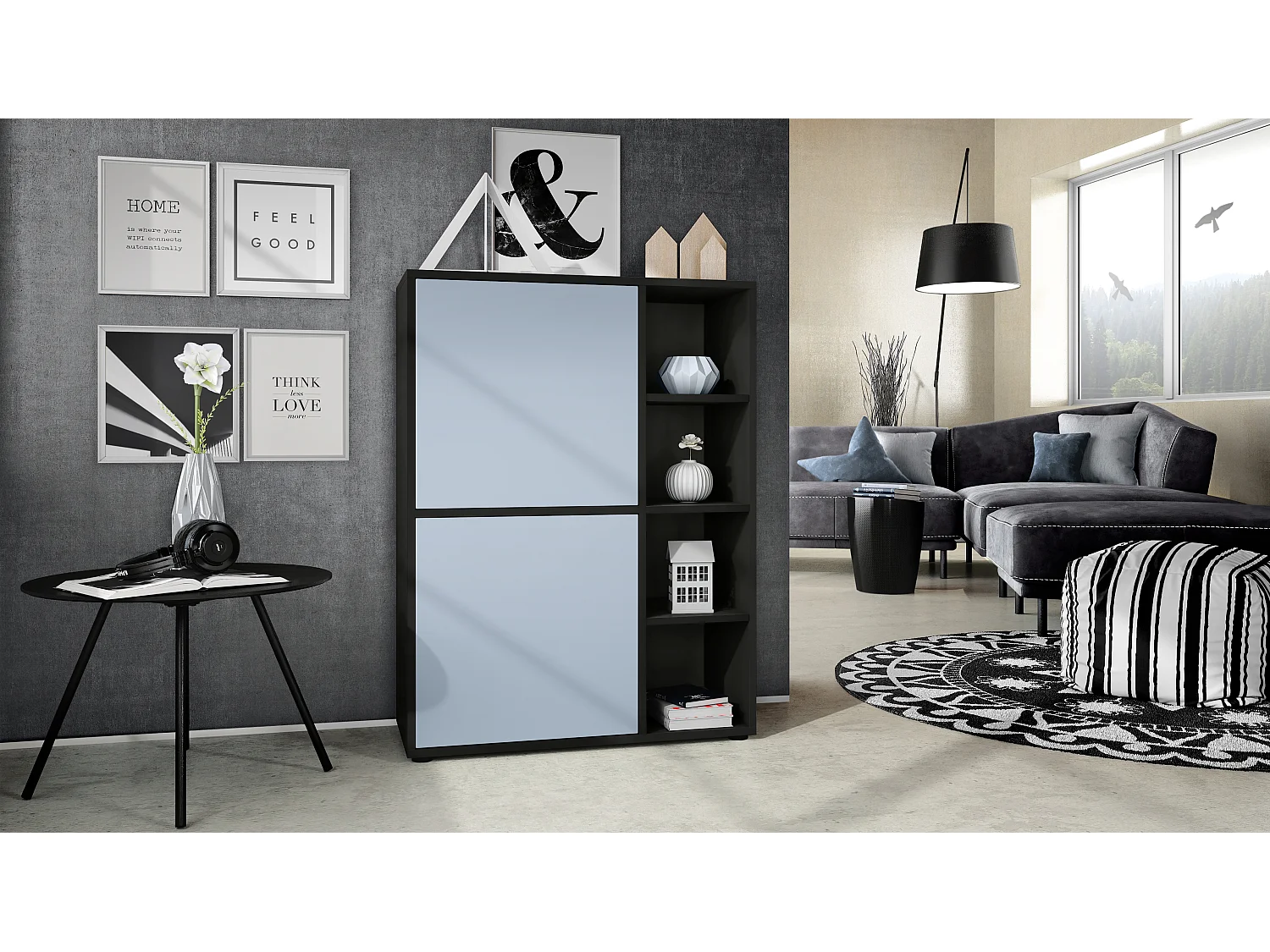 Credenza  Cuba 79 x 105,5 x 35,5 cm Credenza con 8 ripiani, struttura in nero / ante in denim opaco